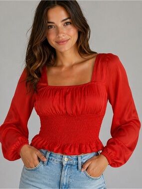 Women's Red Smocked Square-Neck Blouse with Puff Sleeves